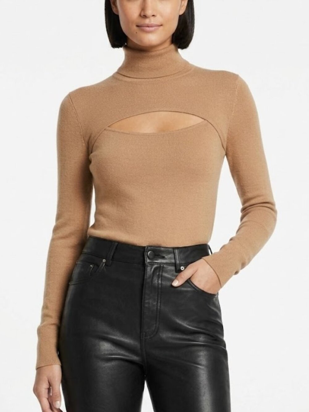 Intermix 100% Cashmere Cutout Turtleneck Sweater Tan Petite EUC